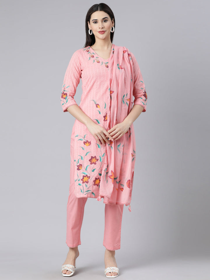 Neerus Pink cotton printed suit set - front view