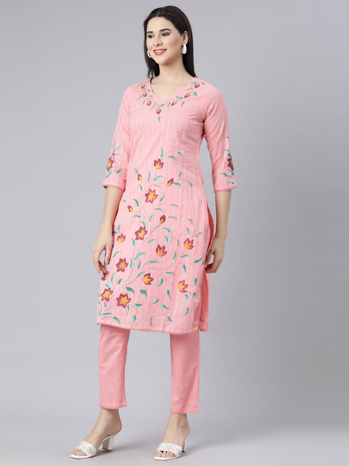 Neerus Pink cotton printed suit set - back view