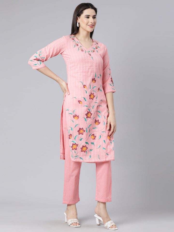 Neerus Pink cotton printed suit set - side view