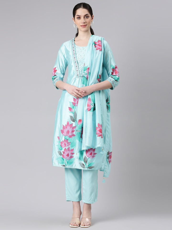Neerus Blue Chanderi Cotton straight suit set - front view