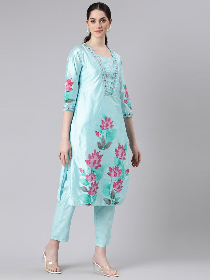 Neerus Blue Chanderi Cotton straight suit set - back view