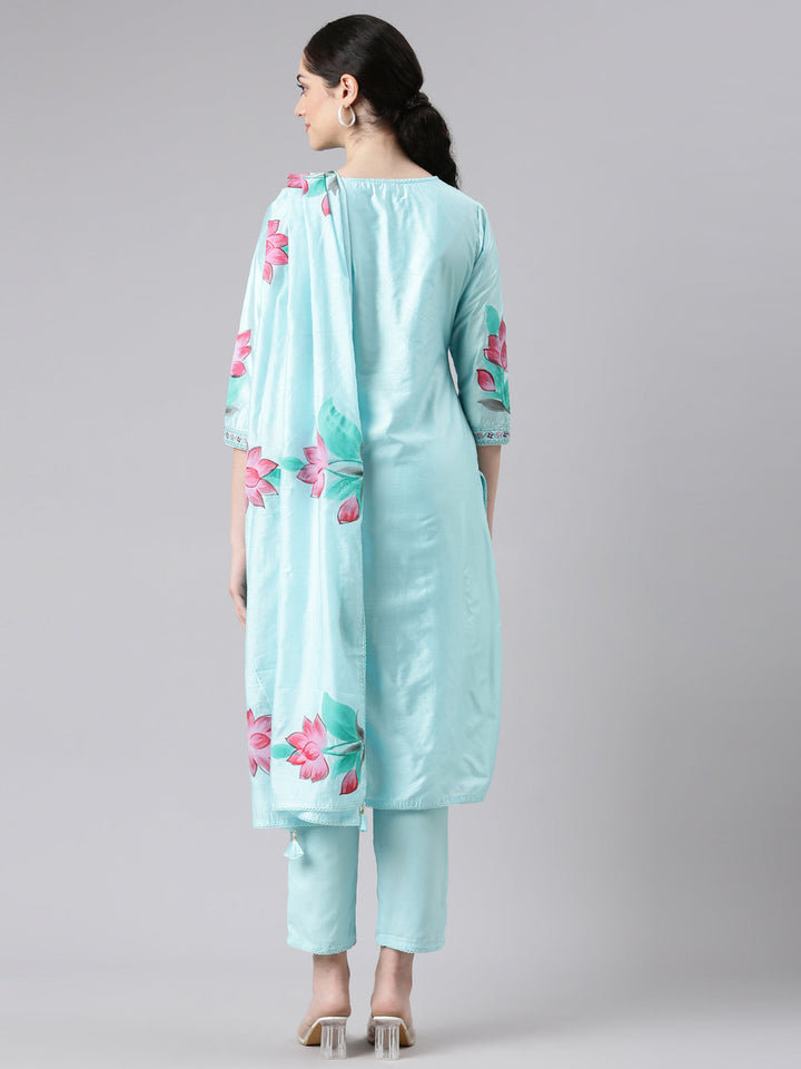 Neerus Blue Chanderi Cotton straight suit set - side view