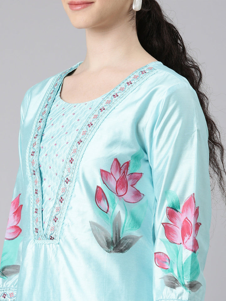 Neerus Blue Chanderi Cotton straight suit set - detail view 1