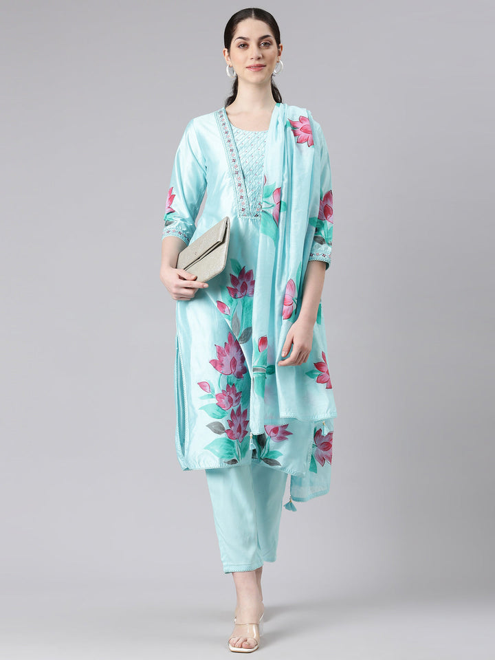 Neerus Blue Chanderi Cotton straight suit set - detail view 2