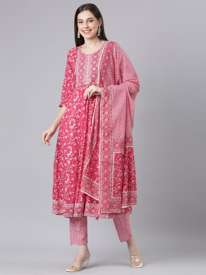 Neerus Pink Printed Anarkali Kurta and Trousers With Dupatta
