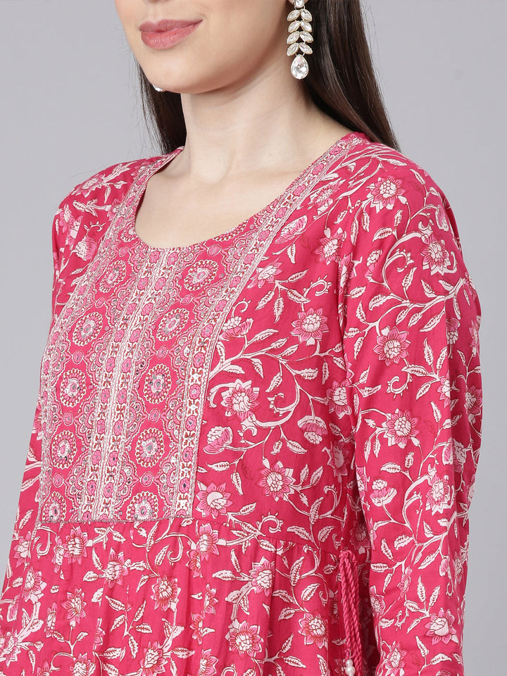 Neerus Pink Printed Anarkali Kurta and Trousers With Dupatta