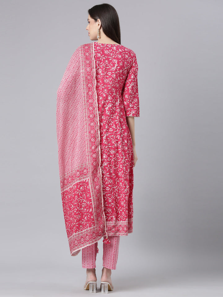 Neerus Pink Printed Anarkali Kurta and Trousers With Dupatta