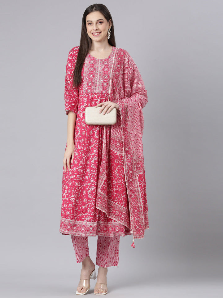 Neerus Pink Printed Anarkali Kurta and Trousers With Dupatta