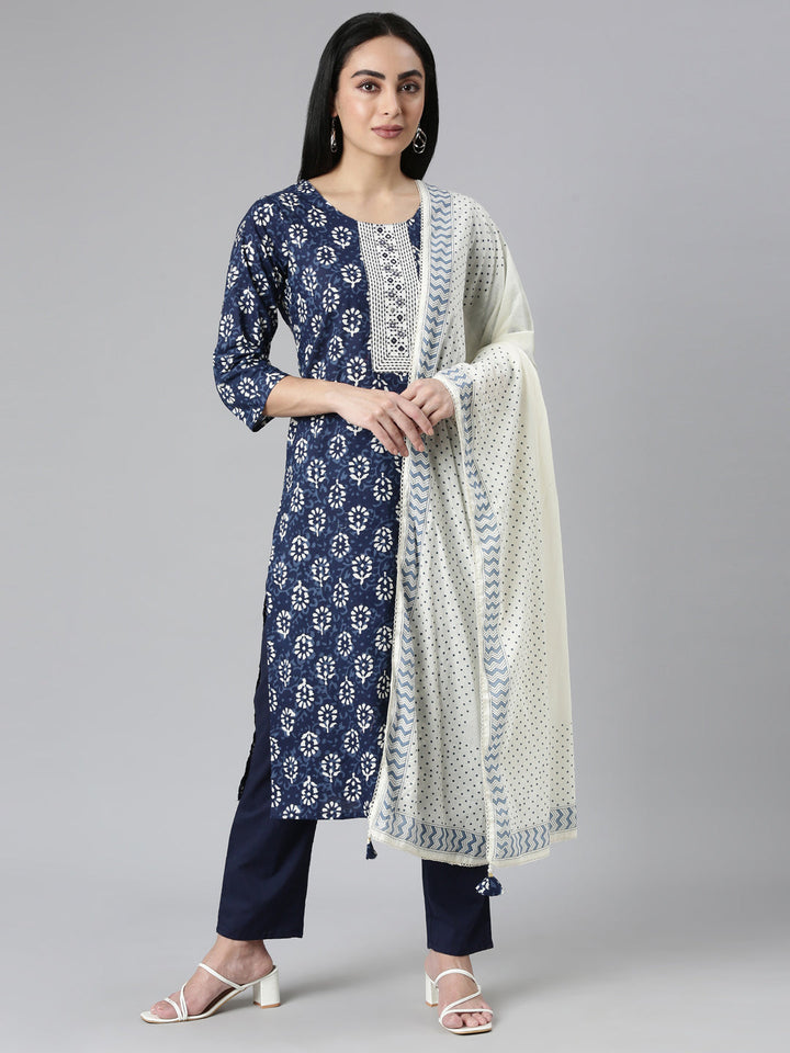Neerus Blue Regular Straight Printed Kurta and Trousers With Dupatta