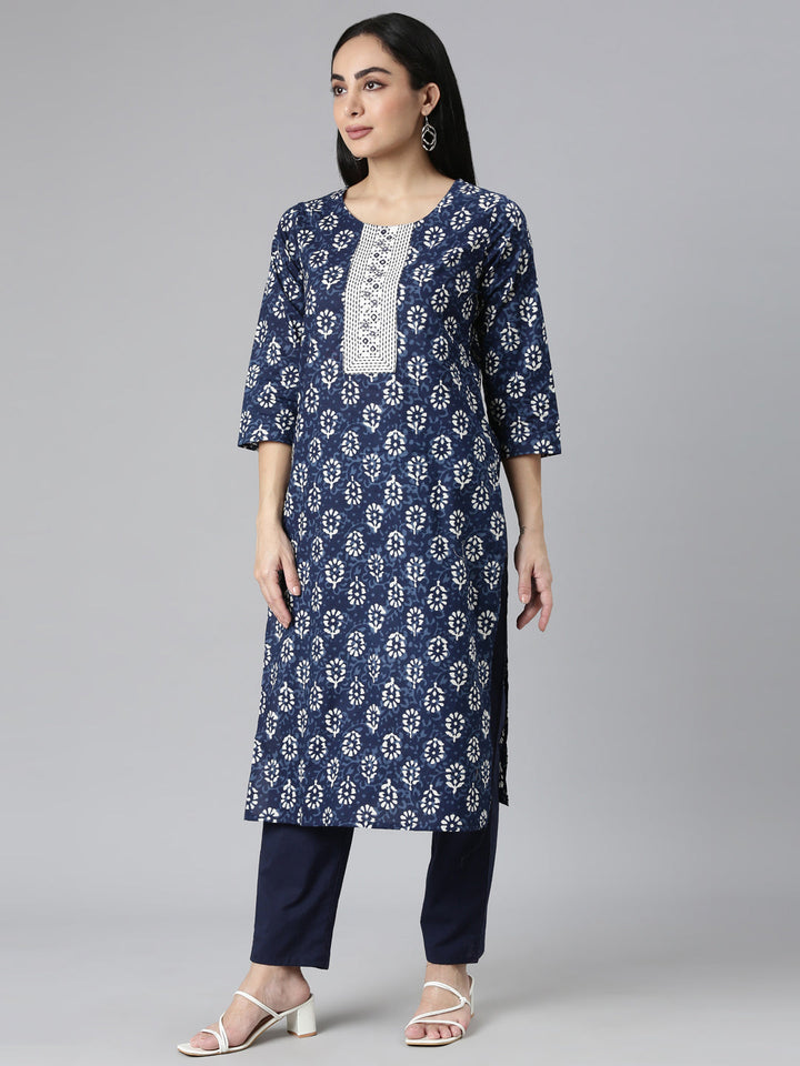 Neerus Blue Regular Straight Printed Kurta and Trousers With Dupatta