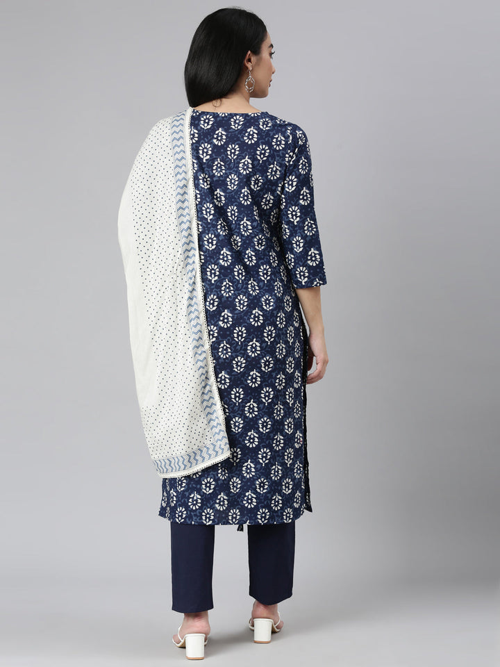 Neerus Blue Regular Straight Printed Kurta and Trousers With Dupatta