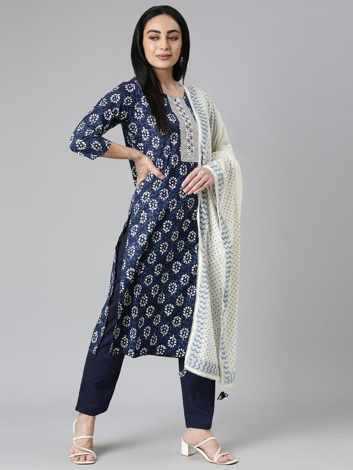 Neerus Blue Regular Straight Printed Kurta and Trousers With Dupatta
