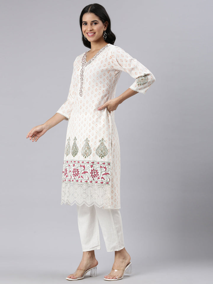 Neerus Cream Regular Straight Printed Kurta and Trousers With Dupatta