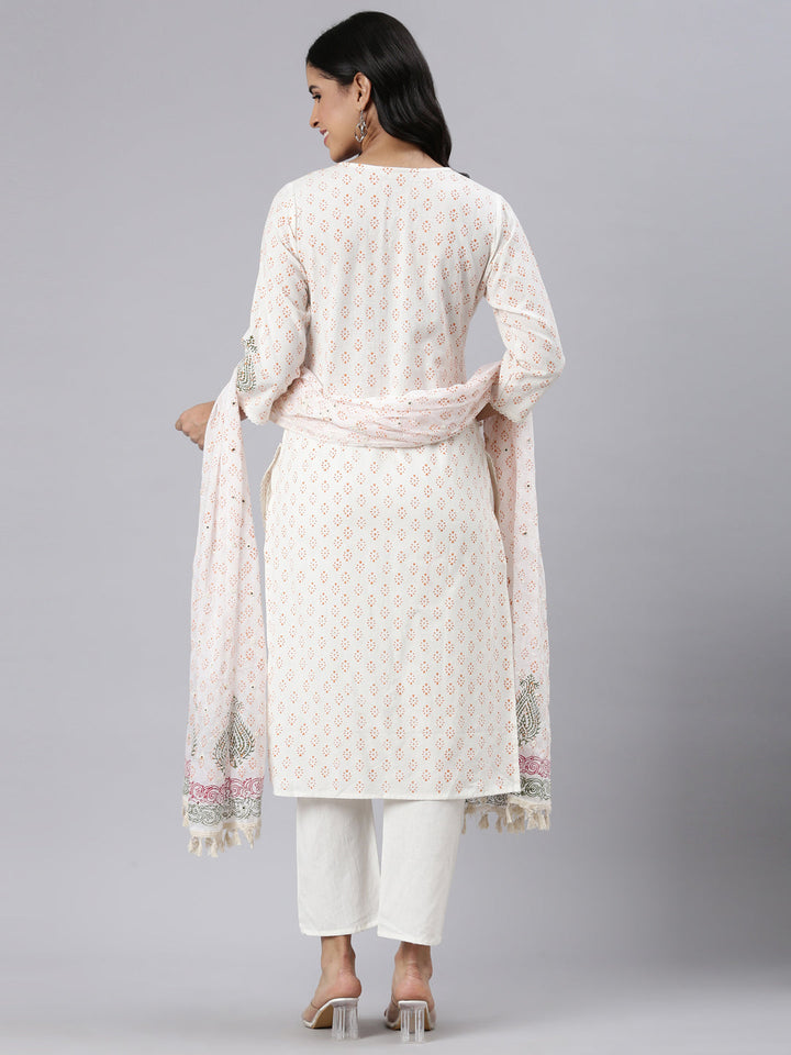 Neerus Cream Regular Straight Printed Kurta and Trousers With Dupatta