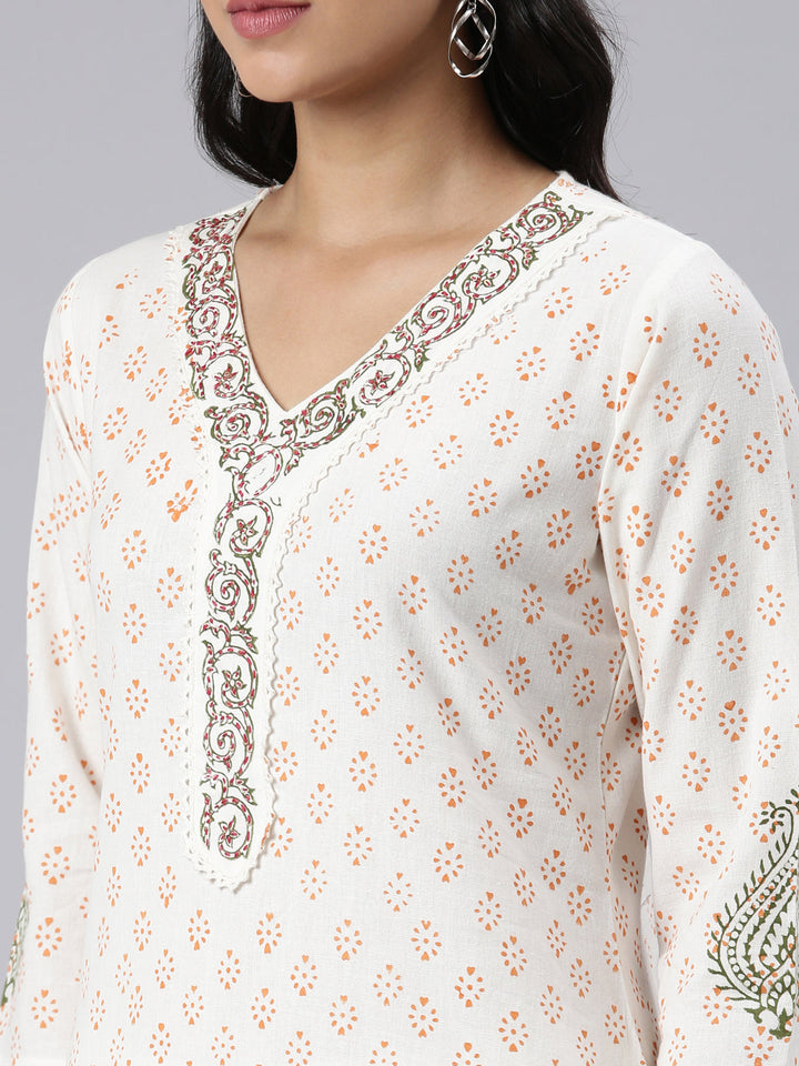 Neerus Cream Regular Straight Printed Kurta and Trousers With Dupatta