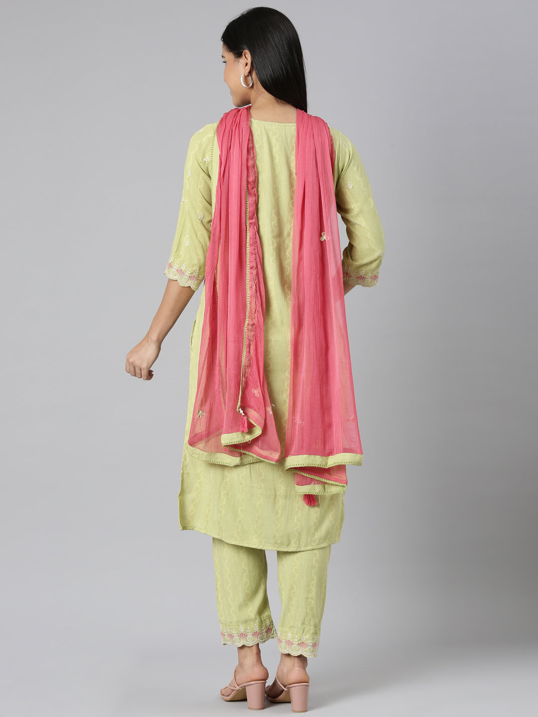 Neerus Green cotton thread embroidered kurta set - side view