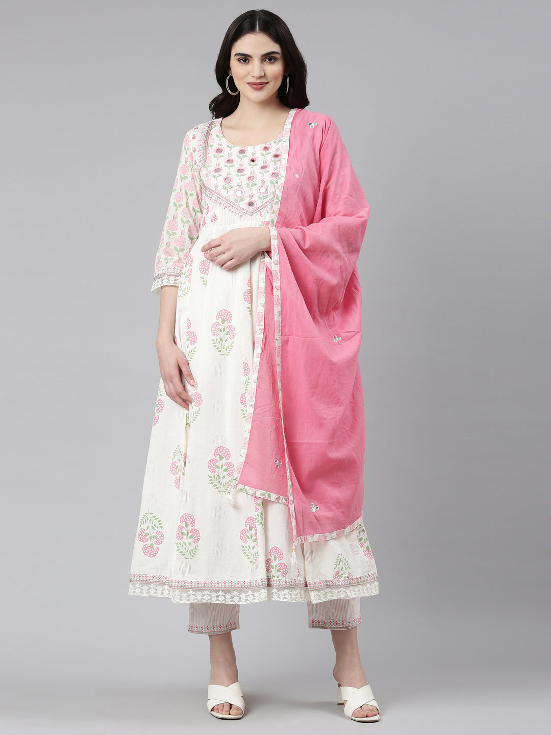 Neerus White printed anarkali kurta set - front view
