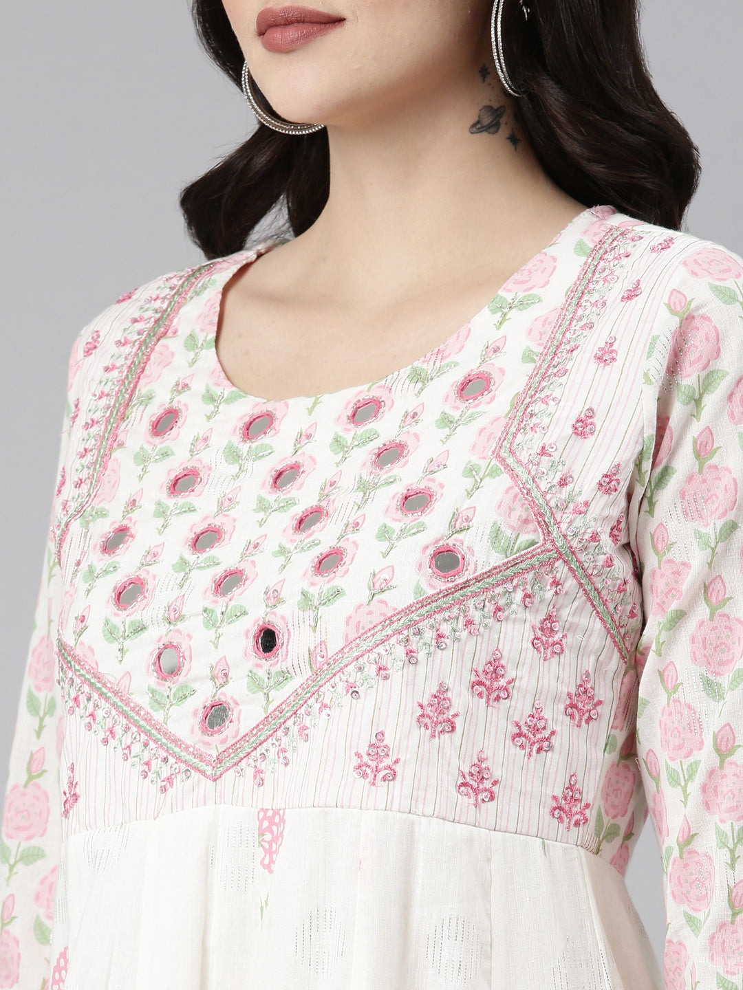 Neerus White printed anarkali kurta set - detail view 1