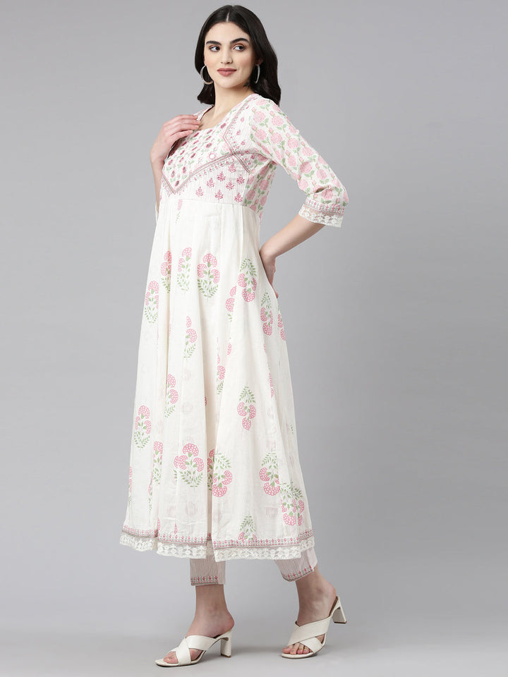Neerus White printed anarkali kurta set - back view