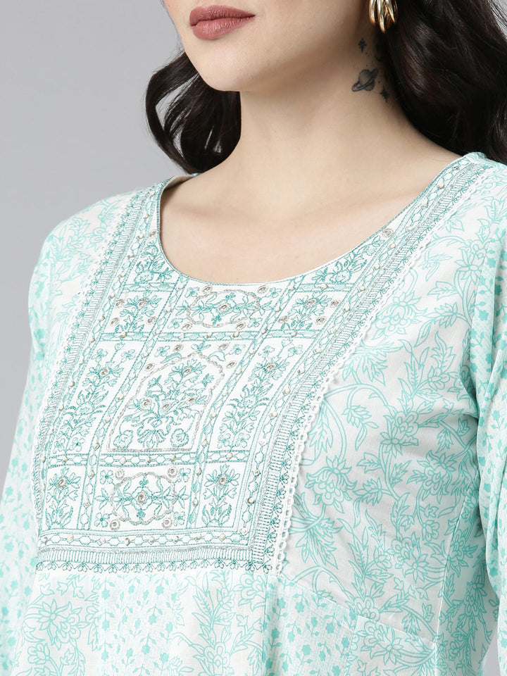 Neerus Green cotton printed anarkali kurta set - detail view 1