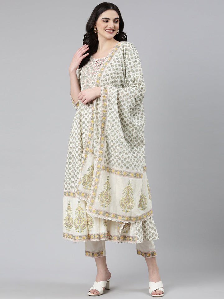 Neerus Green printed anarkali kurta set - detail view 2