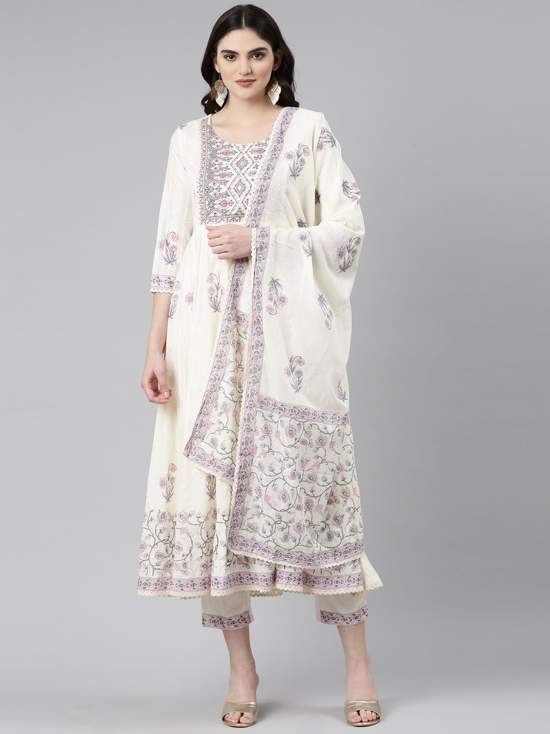 Neerus Beige cotton printed anarkali kurta set - front view