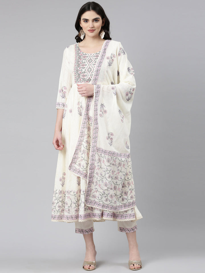 Neerus Beige cotton printed anarkali kurta set - front view