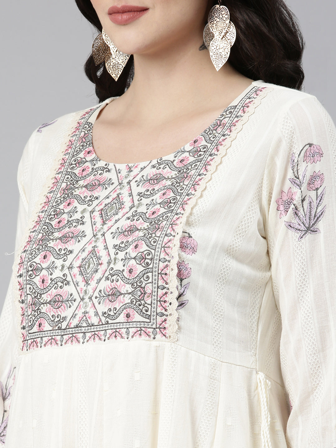 Neerus Beige cotton printed anarkali kurta set - detail view 1