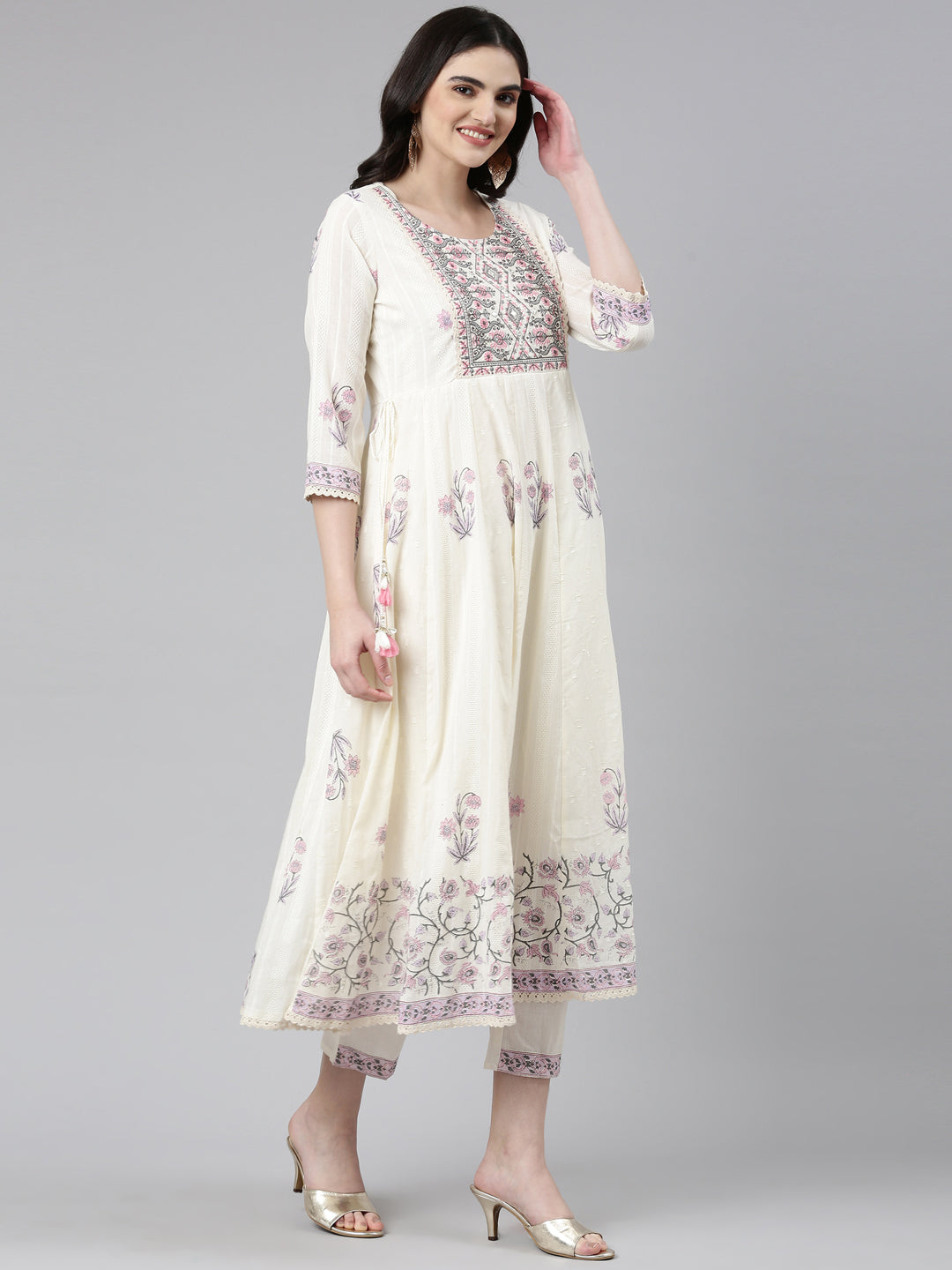 Neerus Beige cotton printed anarkali kurta set - back view