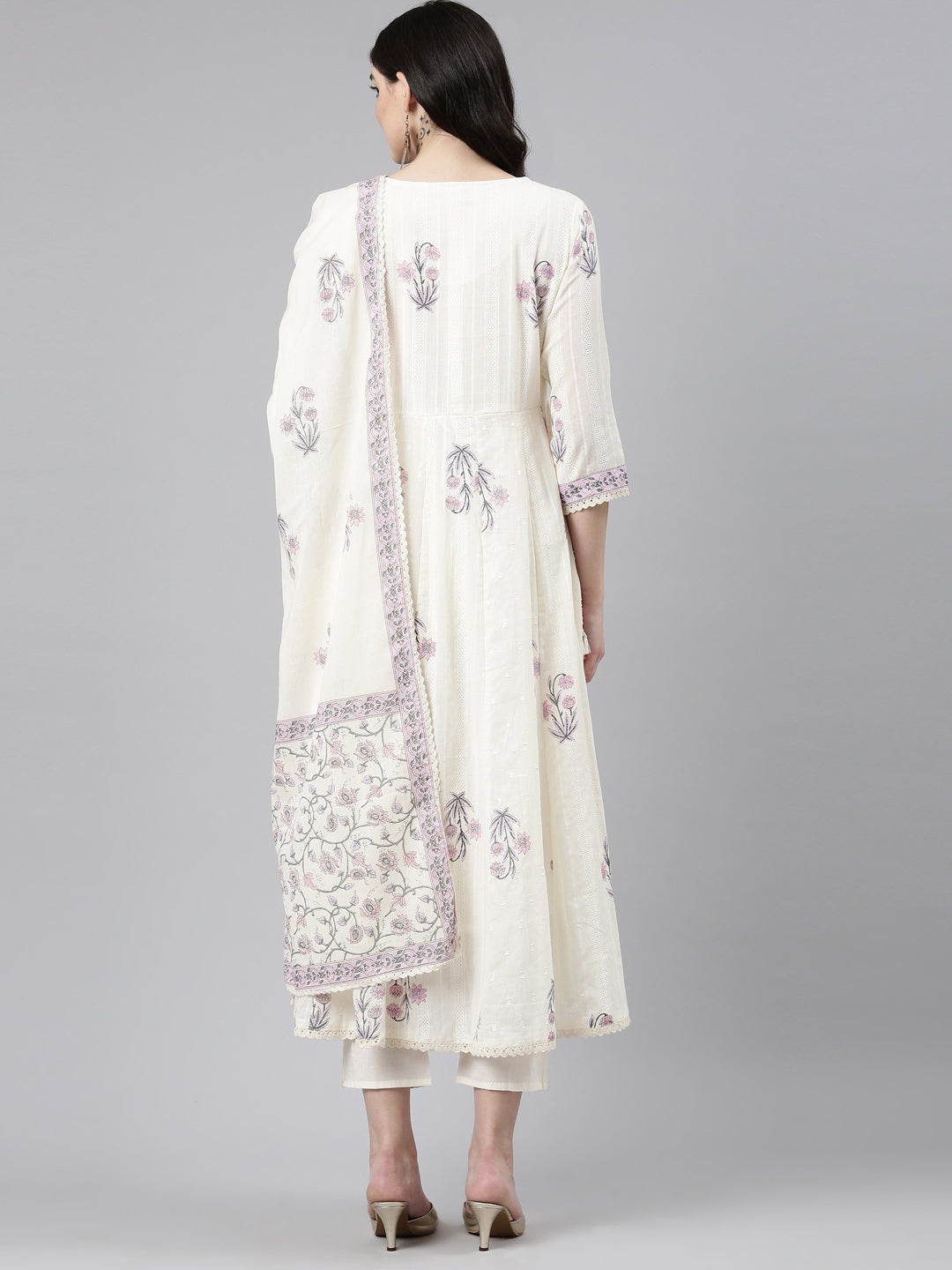 Neerus Beige cotton printed anarkali kurta set - side view