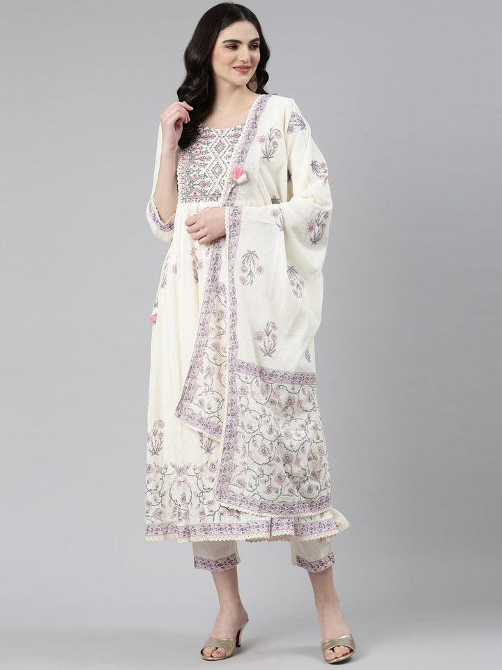 Neerus Beige cotton printed anarkali kurta set - detail view 2