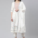 Neerus White Pleated Anarkali Printed Kurta And Trousers With Dupatta