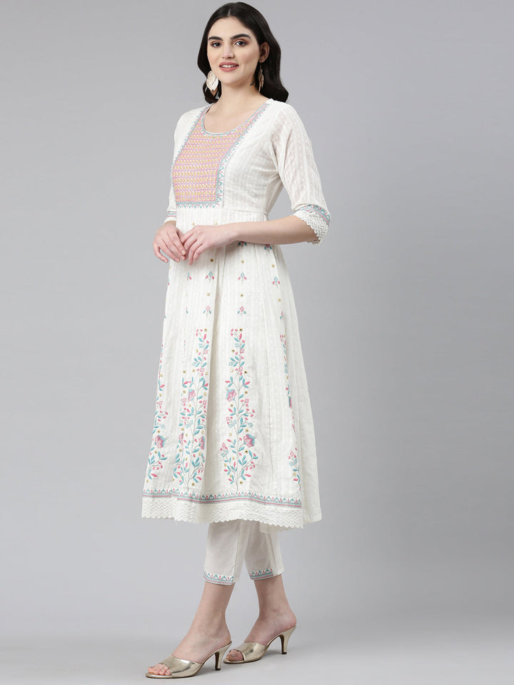 Neerus White Pleated Anarkali Printed Kurta And Trousers With Dupatta