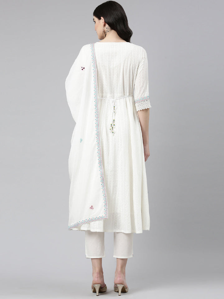 Neerus White Pleated Anarkali Printed Kurta And Trousers With Dupatta