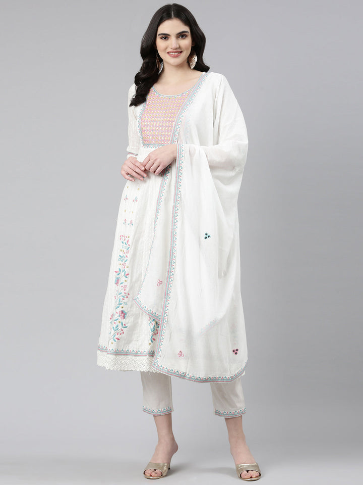 Neerus White Pleated Anarkali Printed Kurta And Trousers With Dupatta