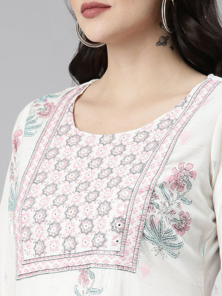 Neerus White printed straight kurta set with trouser and dupatta - detail view 1