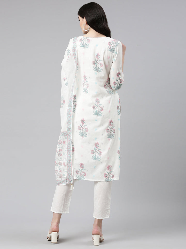 Neerus White printed straight kurta set with trouser and dupatta - side view