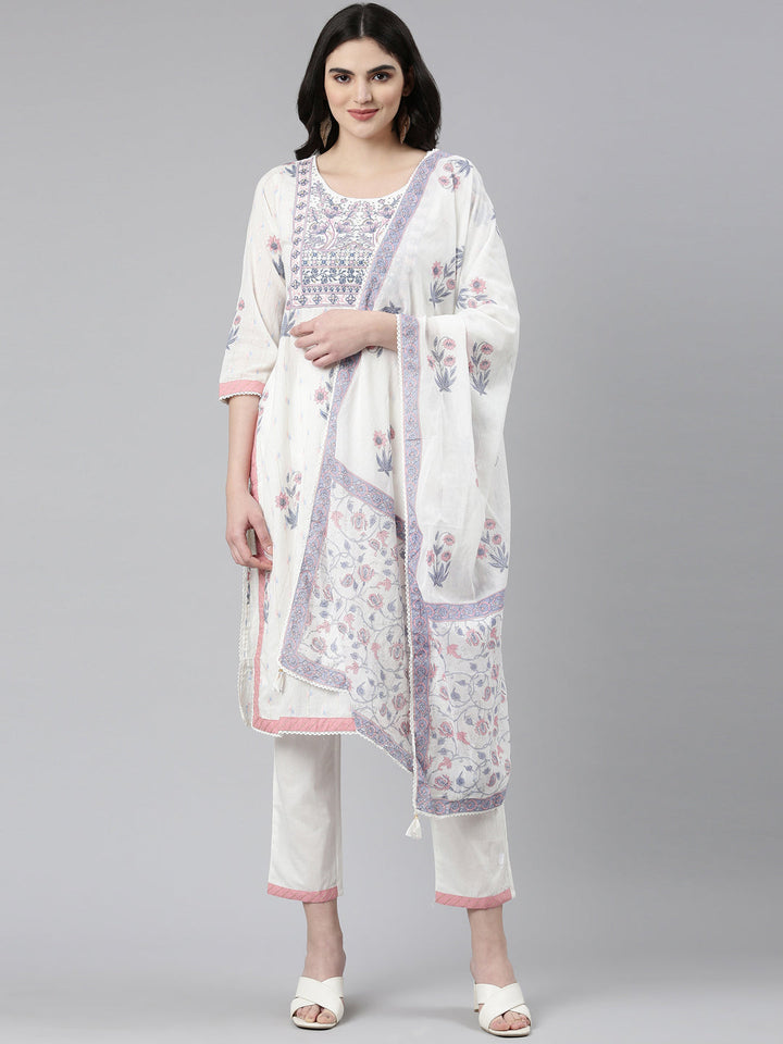 Neerus White printed straight kurta set with dupatta - front view