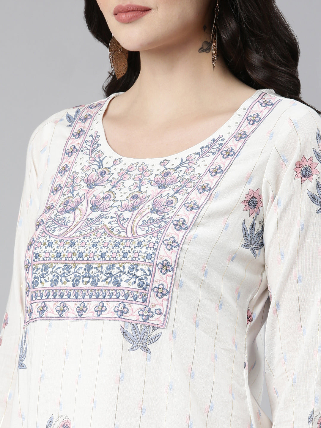 Neerus White printed straight kurta set with dupatta - detail view 1