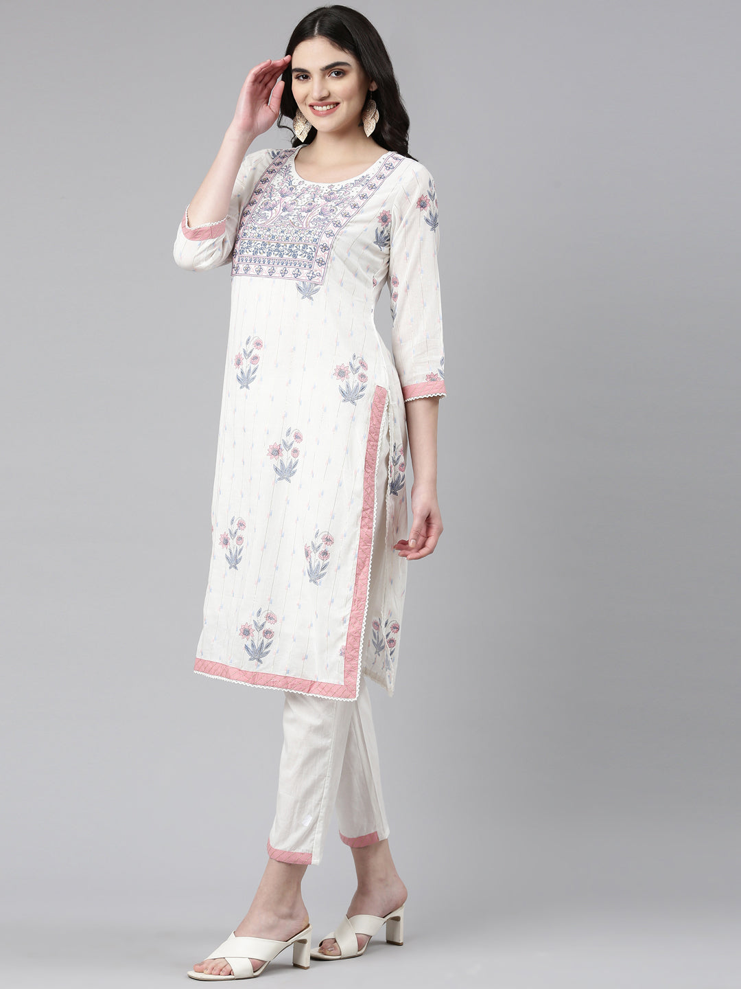 Neerus White printed straight kurta set with dupatta - back view