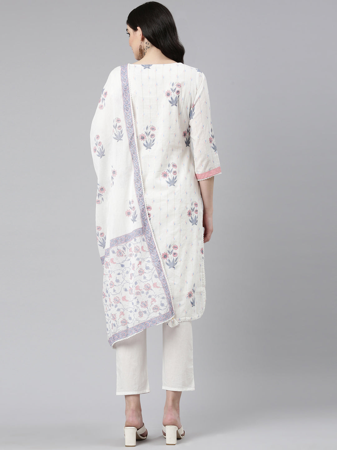 Neerus White printed straight kurta set with dupatta - side view