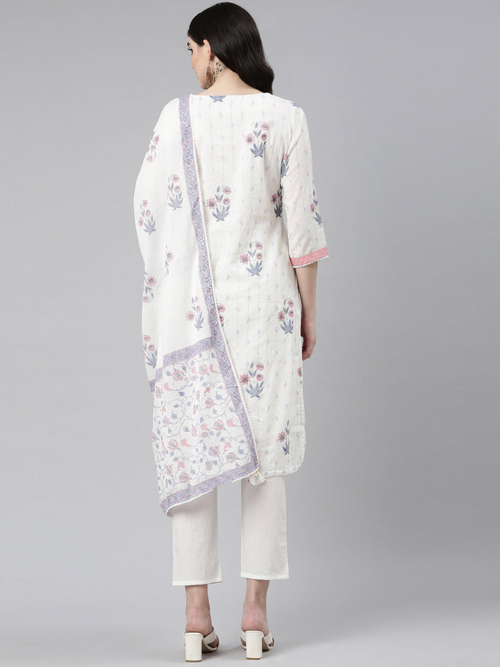 Neerus White printed straight kurta set with dupatta - side view