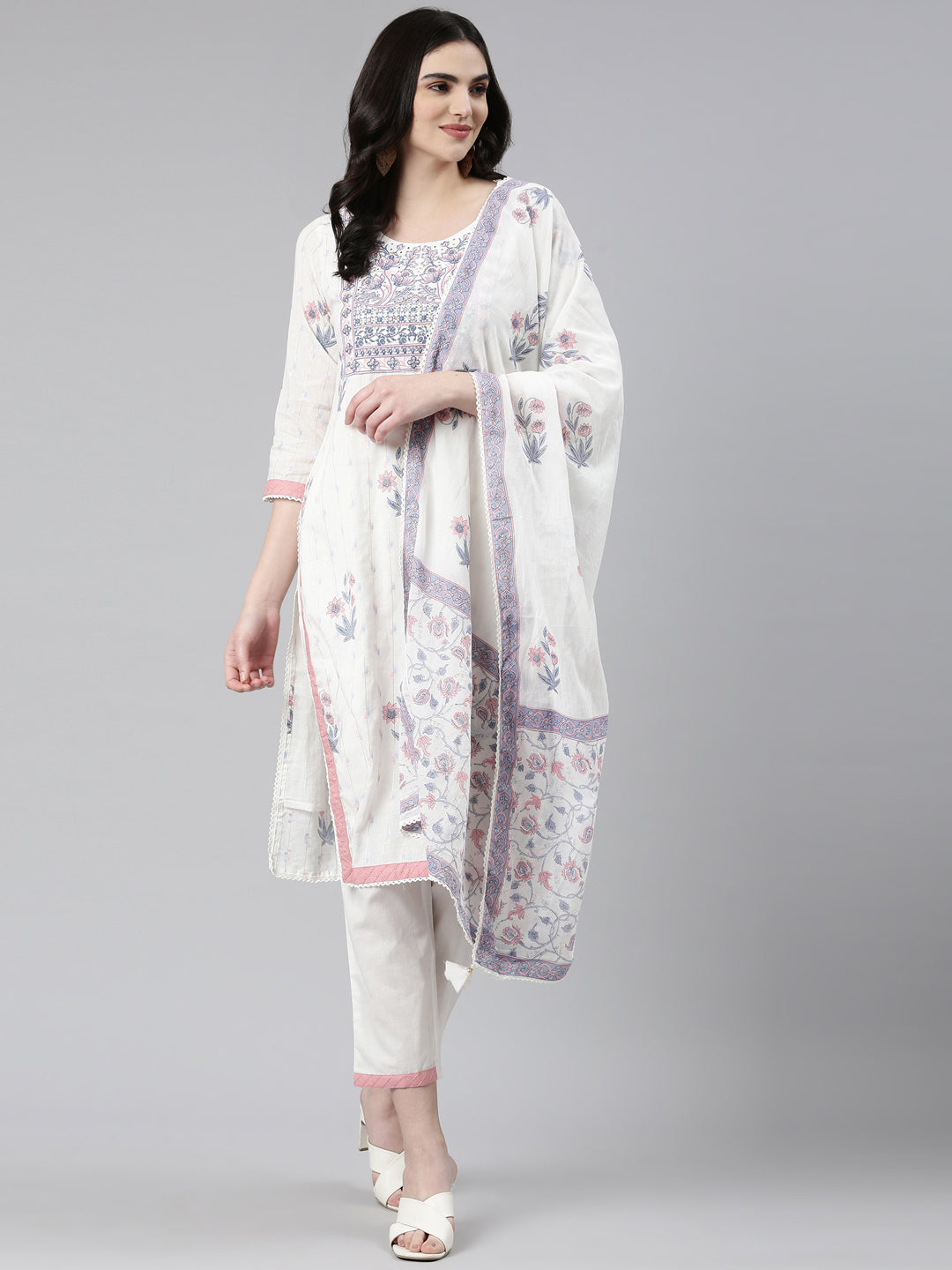 Neerus White printed straight kurta set with dupatta - detail view 2