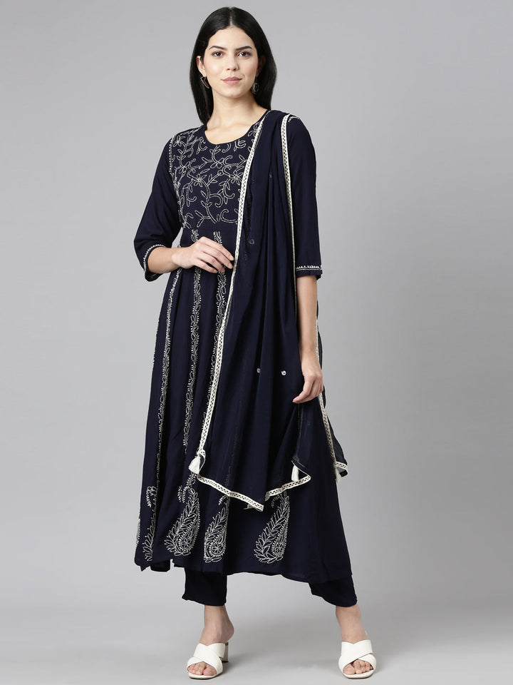 Neerus Blue embroidered straight kurta set with trouser and dupatta - front view