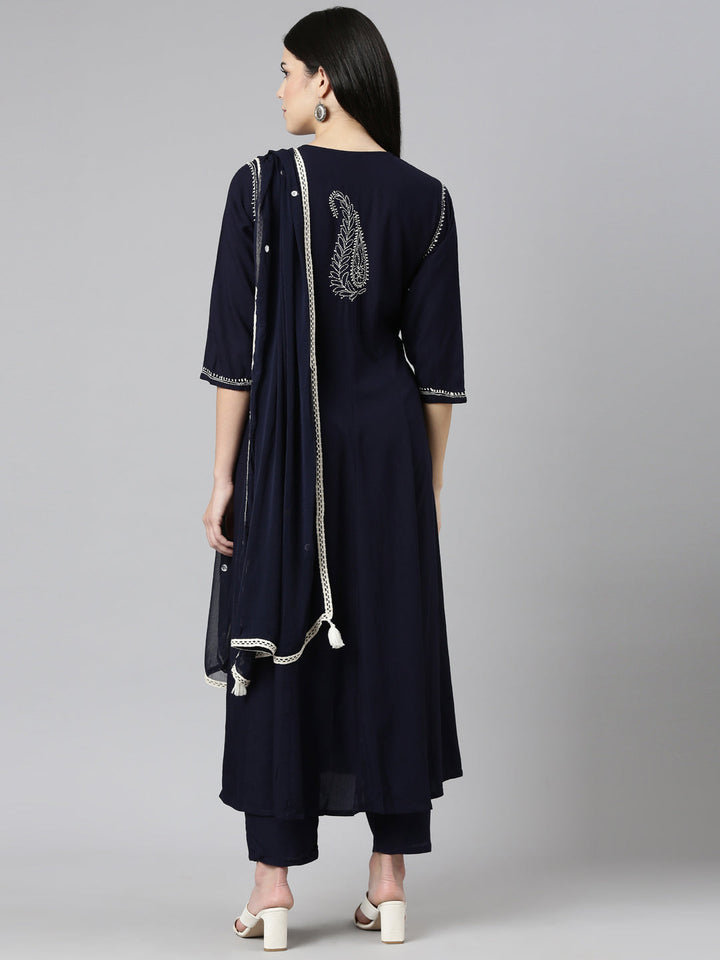 Neerus Blue embroidered straight kurta set with trouser and dupatta - side view