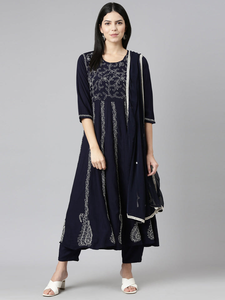 Neerus Blue embroidered straight kurta set with trouser and dupatta - detail view 2