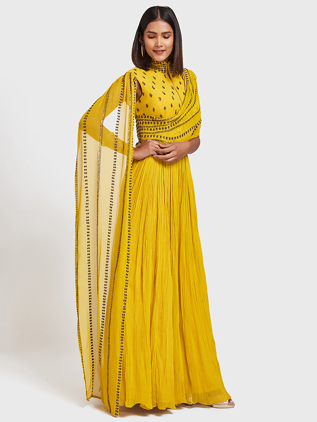 Neerus Yellow Georgette Gown - front view