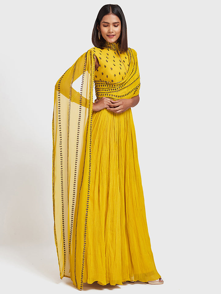 Neerus Yellow Georgette Gown - front view