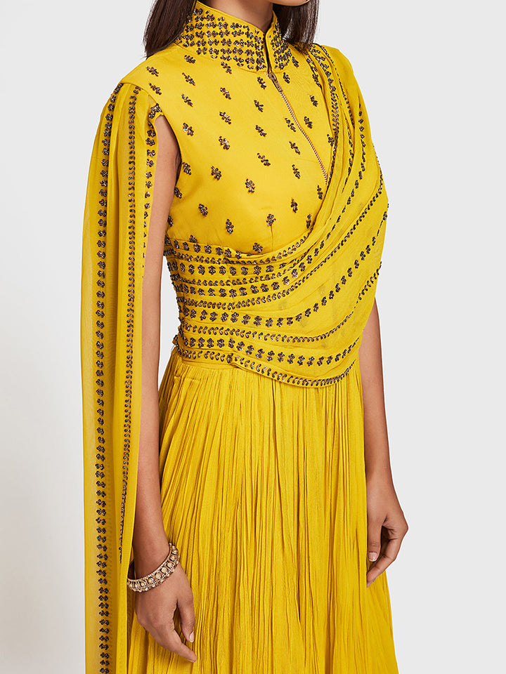 Neerus Yellow Georgette Gown - back view