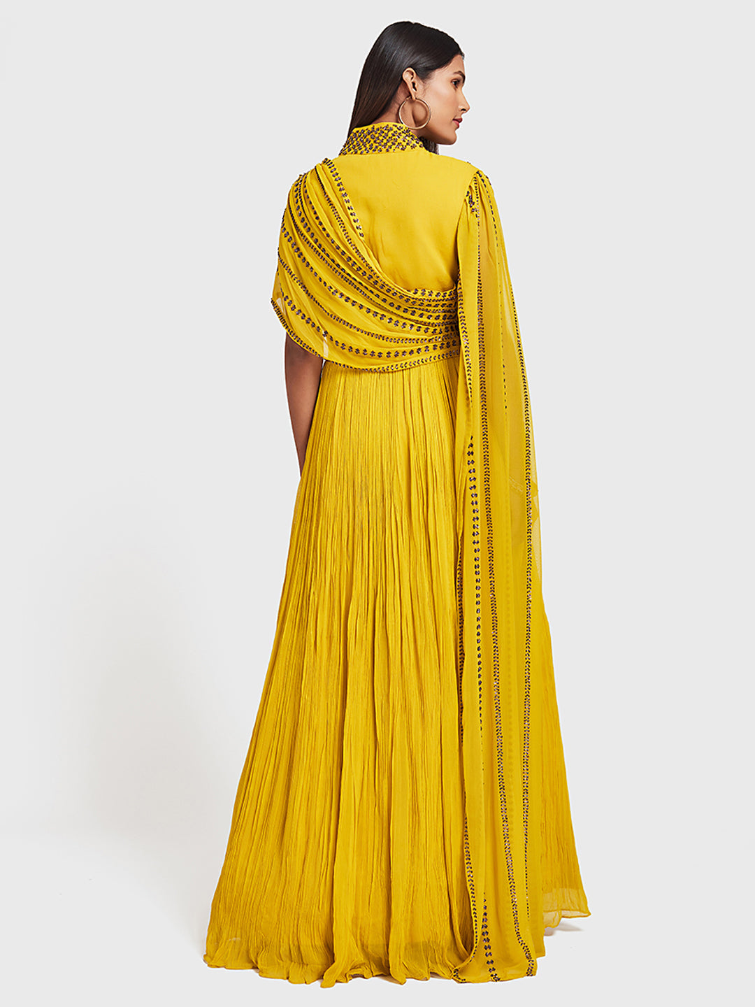 Neerus Yellow Georgette Gown - side view